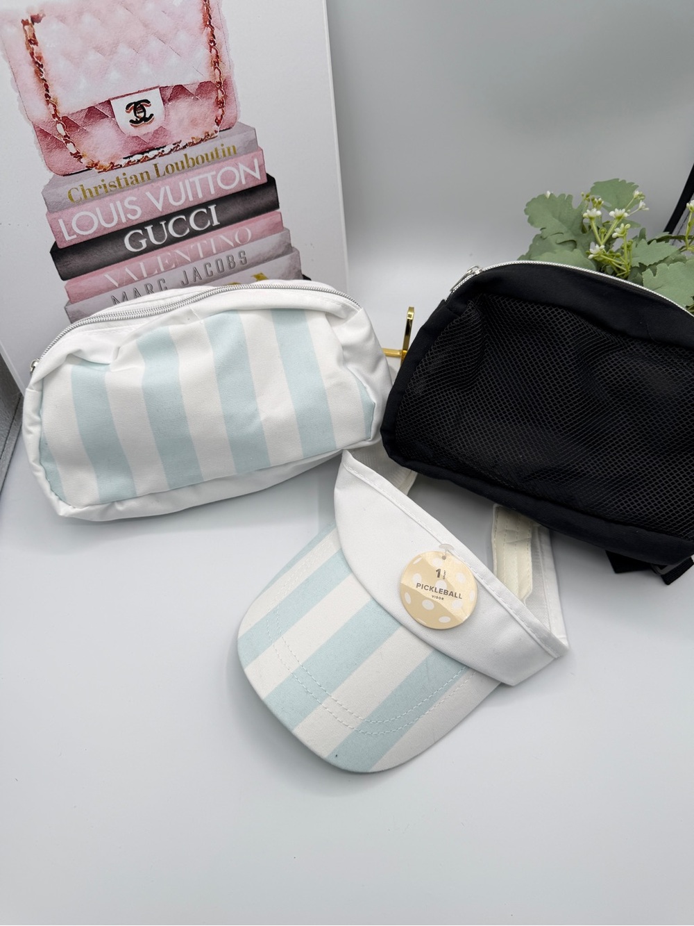 Pickleball Pouches & Visor Set - Striped White & Light Blue + Black - Picture 2 of 7